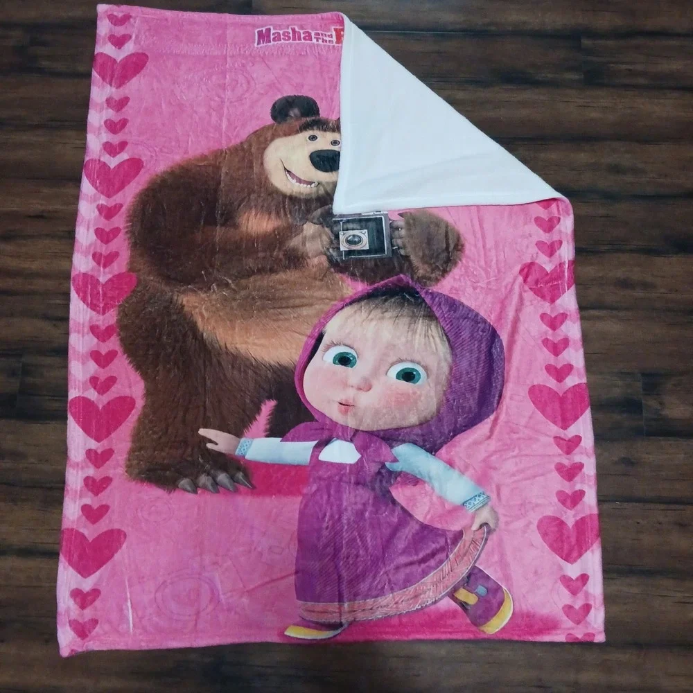 Masha and the Bear Pink Heart Plush Throw Blanket 50x40 Kids Fleece